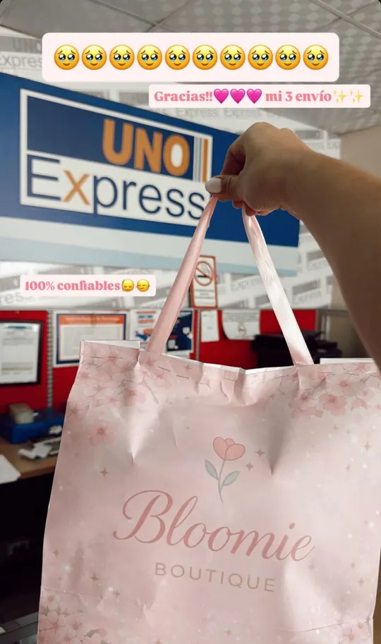Mano sosteniendo una bolsa rosada de Bloomie Boutique frente a una oficina de encomiendas