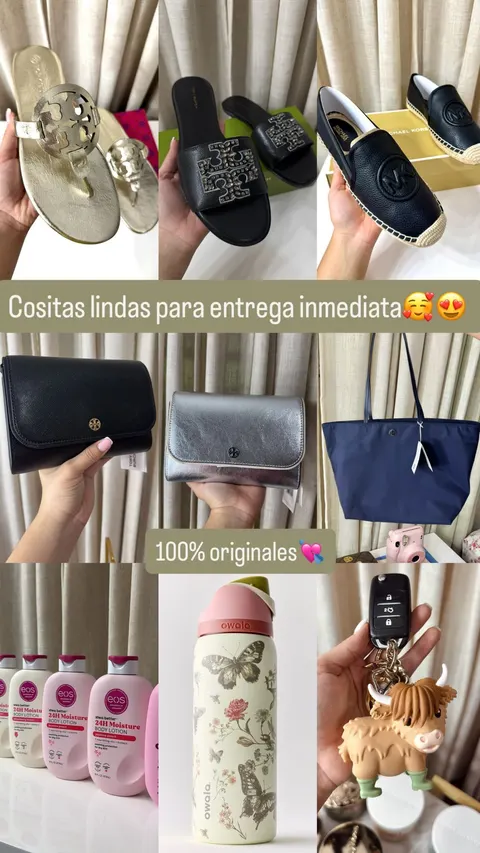 Historia de Instagram con sandalias, carteras, loción, botella y llavero para entrega inmediata